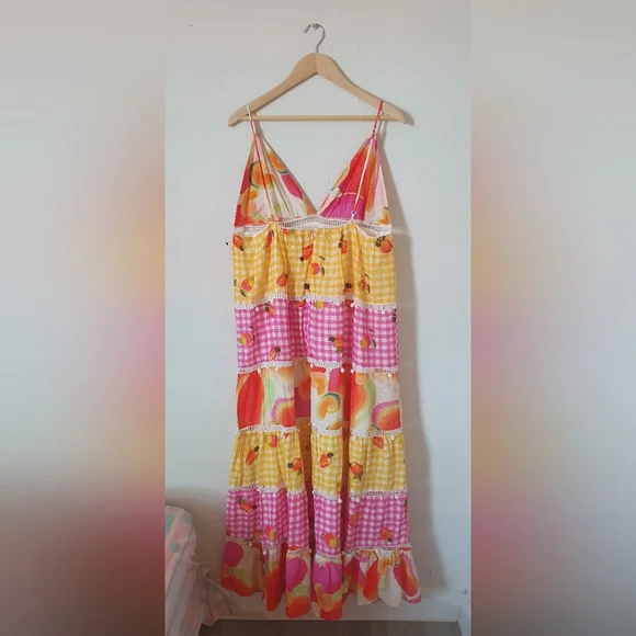 NWT FARM RIO MIXED PICNIC CASHEW MAXI DRESS IN MIX PRINT LARGE